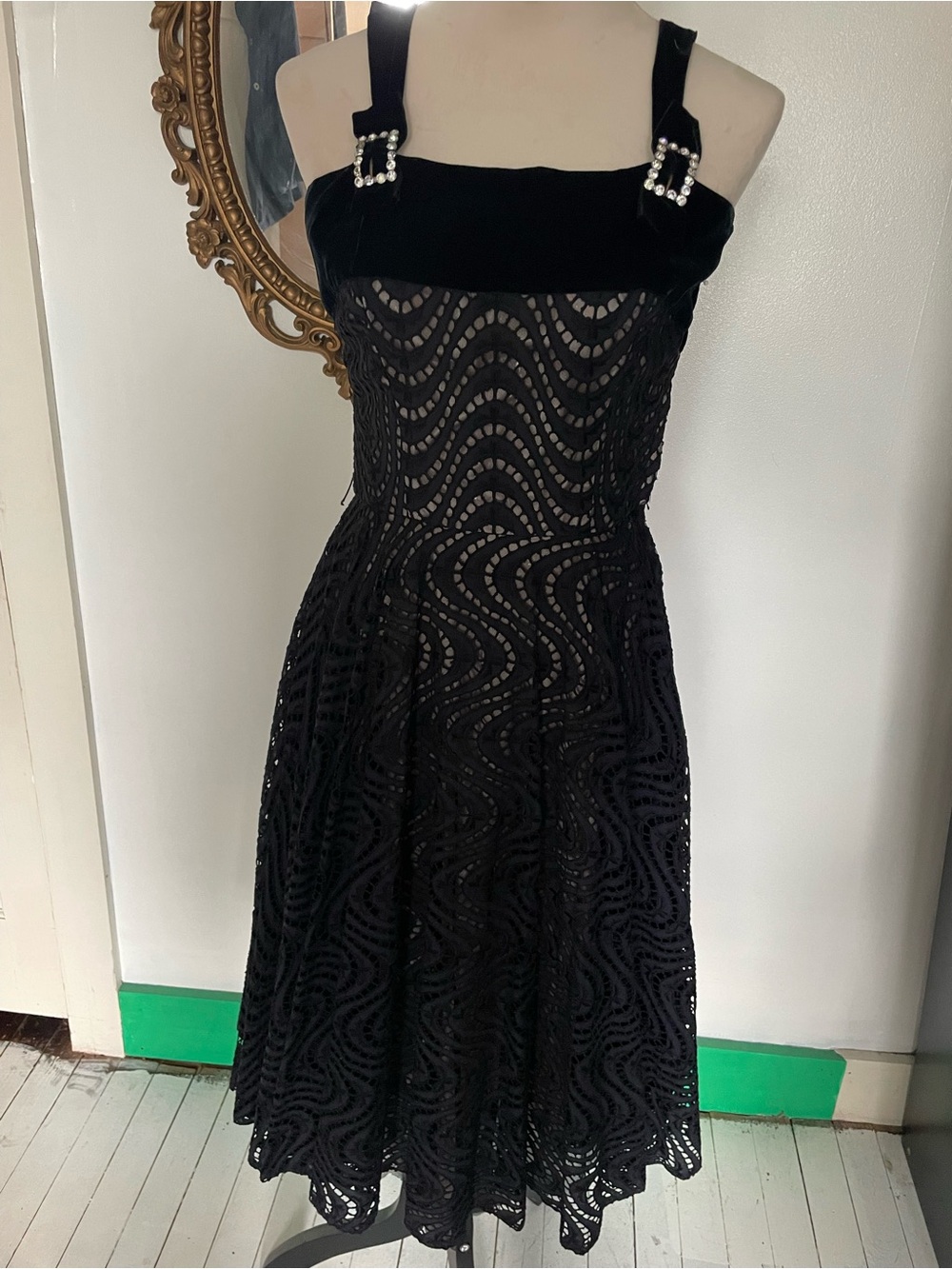 Vintage 50’s Black Lace Cocktail Dress with Velvet Rhinestone Buckle Straps xs